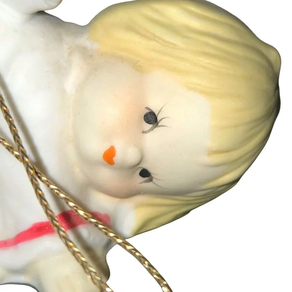 Vintage Pair of Red & White Porcelain Angel‎ Baby Cherub Christmas Ornaments